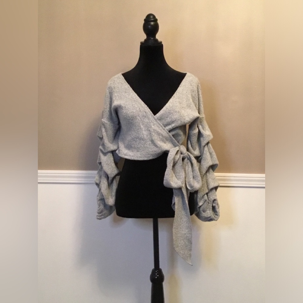 Here Comes the Sun Gray V-Neck Wrap Sweater with Ruffled Sleeves